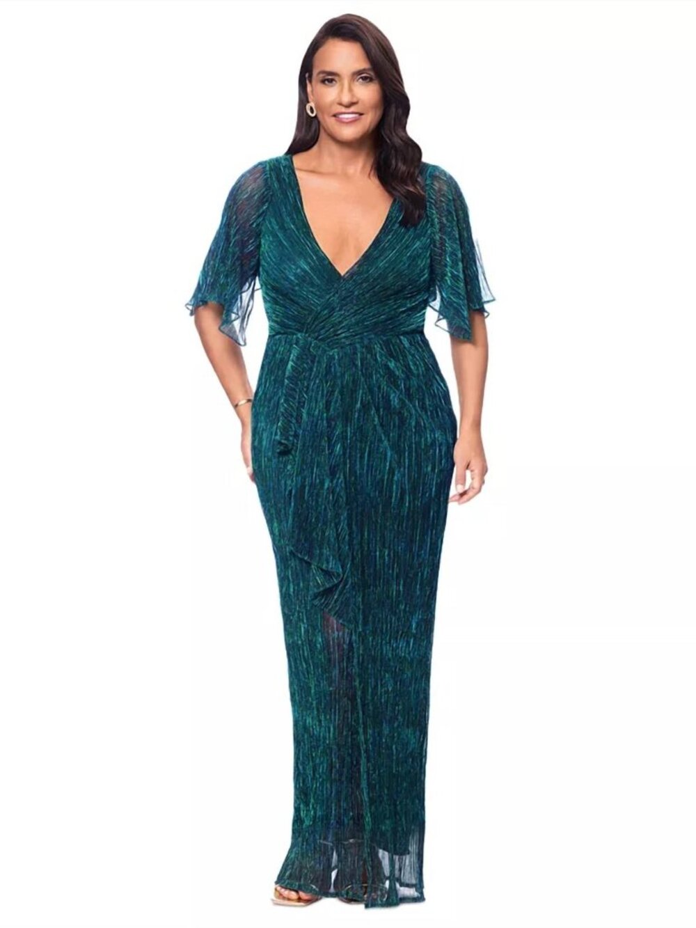Betsy & Adam Metallic Ruffle Long Gown Jade
